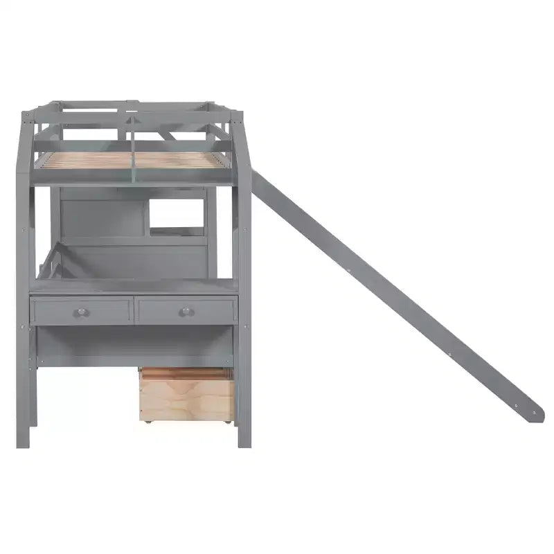 Twin over Twin Bunk Bed with Storage Staircase, Slide and Drawers, Desk with Drawers and Shelves