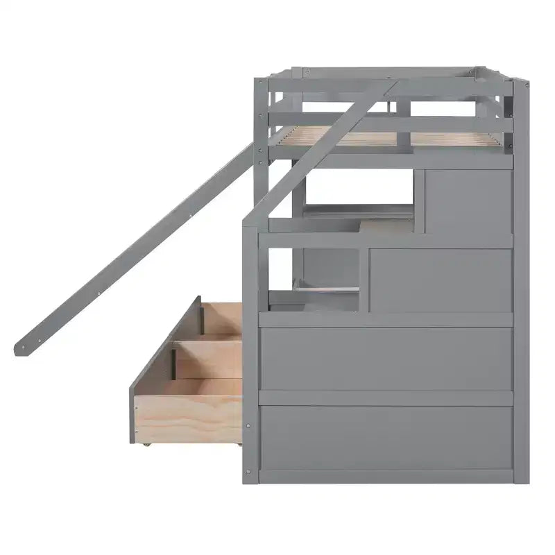 Twin over Twin Bunk Bed with Storage Staircase, Slide and Drawers, Desk with Drawers and Shelves