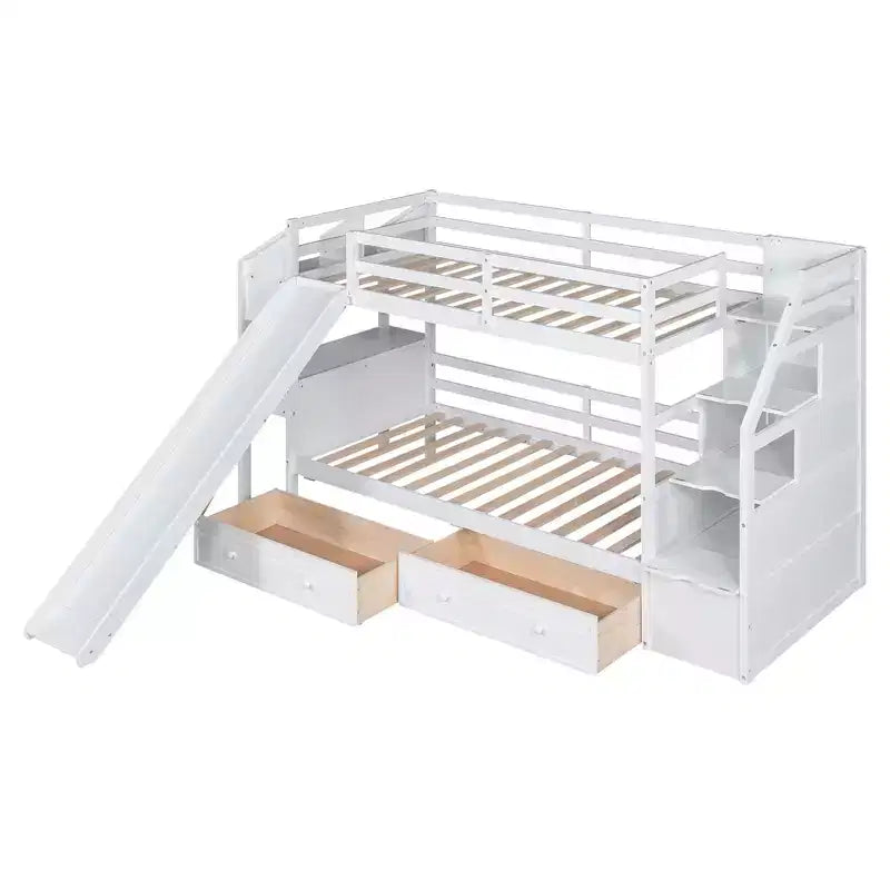 Twin over Twin Bunk Bed with Storage Staircase, Slide and Drawers, Desk with Drawers and Shelves