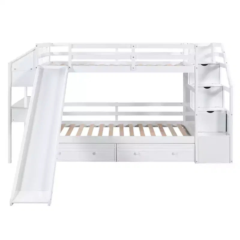 Twin over Twin Bunk Bed with Storage Staircase, Slide and Drawers, Desk with Drawers and Shelves