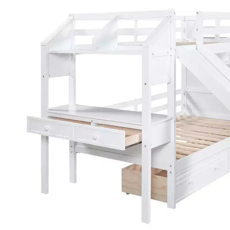 Twin over Twin Bunk Bed with Storage Staircase, Slide and Drawers, Desk with Drawers and Shelves