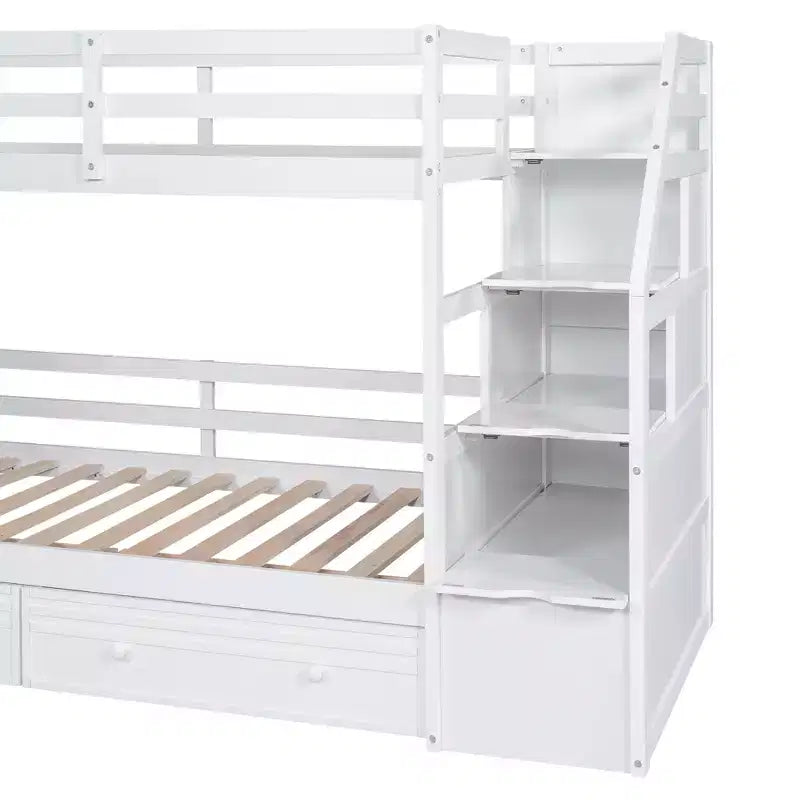 Twin over Twin Bunk Bed with Storage Staircase, Slide and Drawers, Desk with Drawers and Shelves