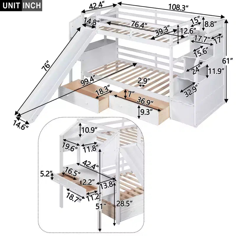 Twin over Twin Bunk Bed with Storage Staircase, Slide and Drawers, Desk with Drawers and Shelves