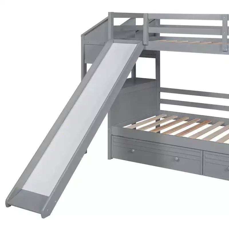 Twin over Twin Bunk Bed with Storage Staircase, Slide and Drawers, Desk with Drawers and Shelves
