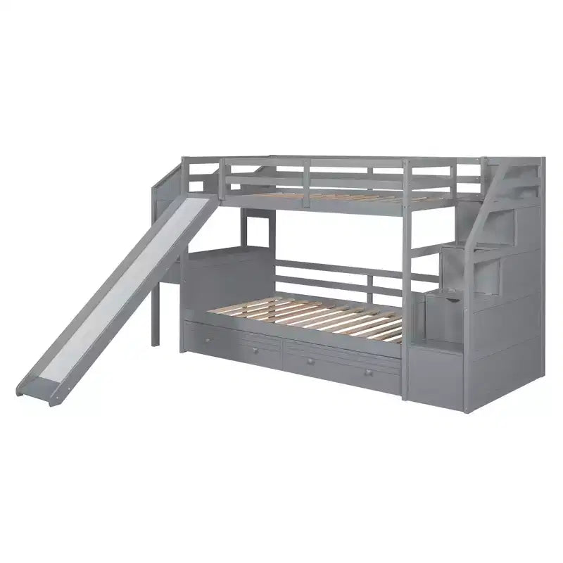 Twin over Twin Bunk Bed with Storage Staircase, Slide and Drawers, Desk with Drawers and Shelves