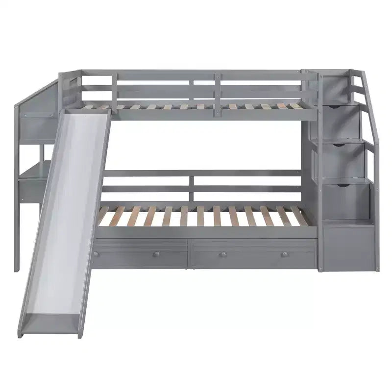 Twin over Twin Bunk Bed with Storage Staircase, Slide and Drawers, Desk with Drawers and Shelves