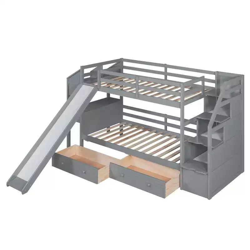 Twin over Twin Bunk Bed with Storage Staircase, Slide and Drawers, Desk with Drawers and Shelves