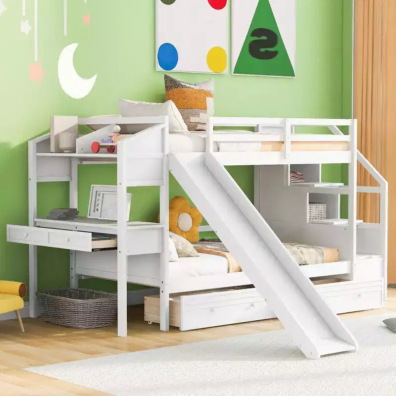 Twin over Twin Bunk Bed with Storage Staircase, Slide and Drawers, Desk with Drawers and Shelves