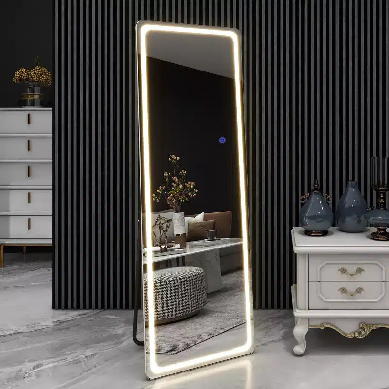 16 in. W x 63 in. H Modern Full Length Rectangular Frameless Mirror With Rounded Corner in Silver