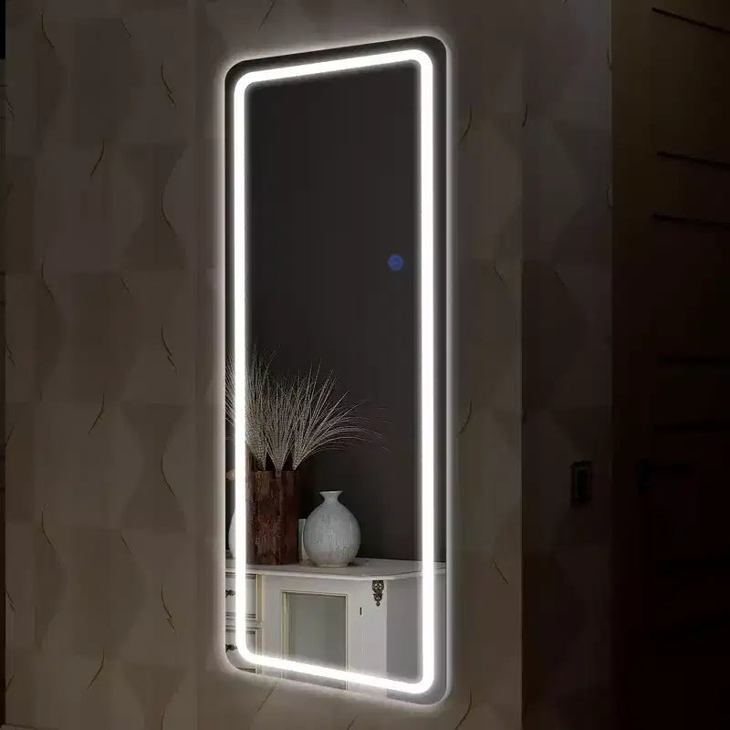 16 in. W x 63 in. H Modern Full Length Rectangular Frameless Mirror With Rounded Corner in Silver
