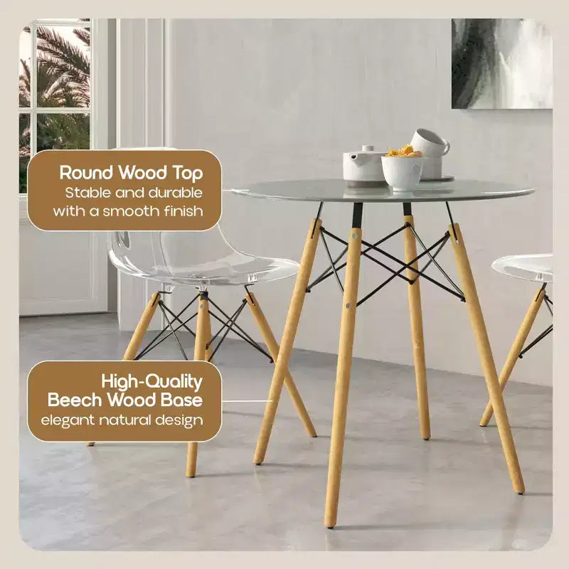 31-Inch Round Bistro Table - Mid-Century Modern Dining Table with Tempered Glass or MDF Wood Top and Natural Wood Eiffel Base