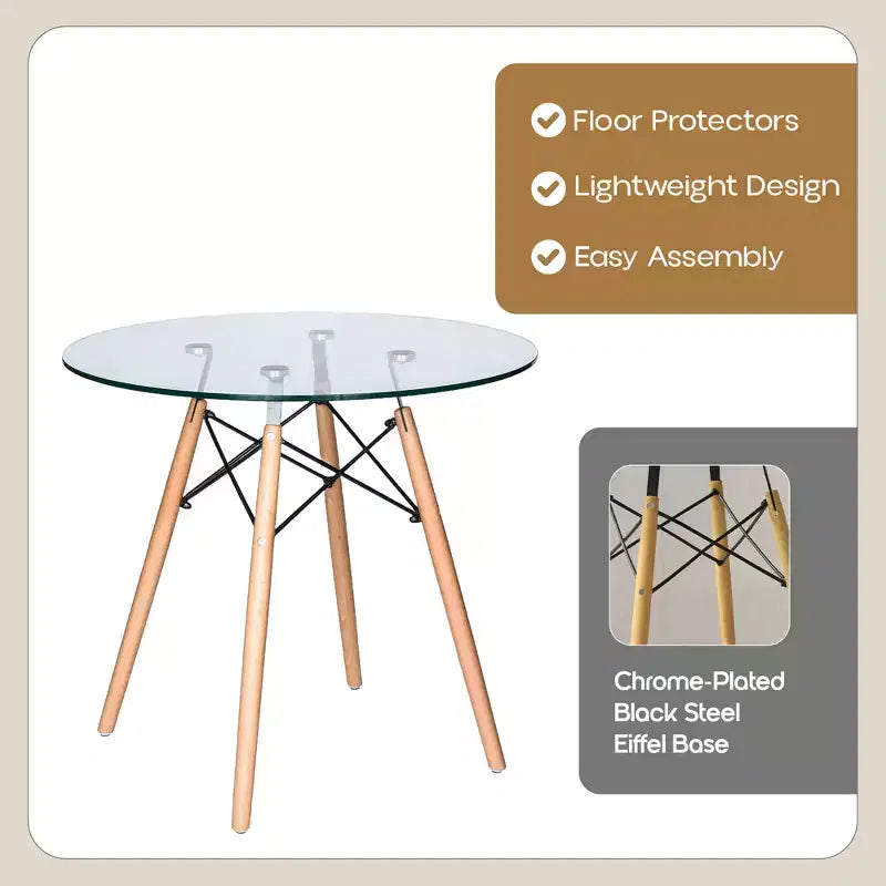 31-Inch Round Bistro Table - Mid-Century Modern Dining Table with Tempered Glass or MDF Wood Top and Natural Wood Eiffel Base