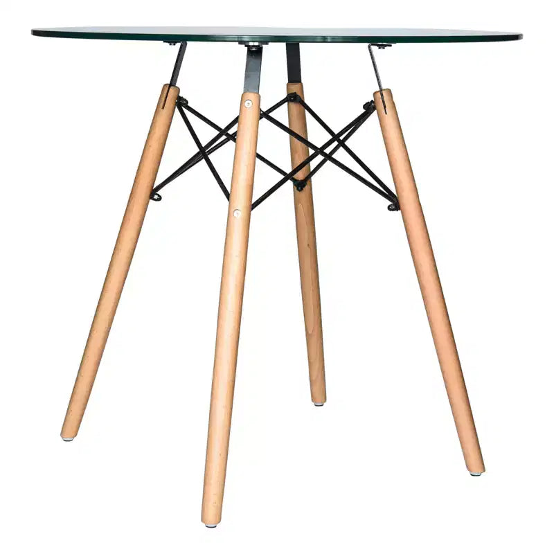 31-Inch Round Bistro Table - Mid-Century Modern Dining Table with Tempered Glass or MDF Wood Top and Natural Wood Eiffel Base