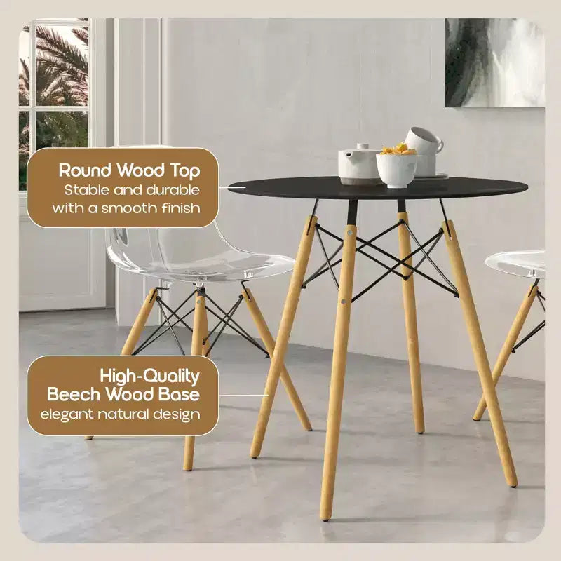 31-Inch Round Bistro Table - Mid-Century Modern Dining Table with Tempered Glass or MDF Wood Top and Natural Wood Eiffel Base