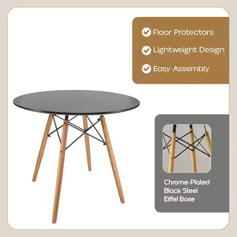31-Inch Round Bistro Table - Mid-Century Modern Dining Table with Tempered Glass or MDF Wood Top and Natural Wood Eiffel Base