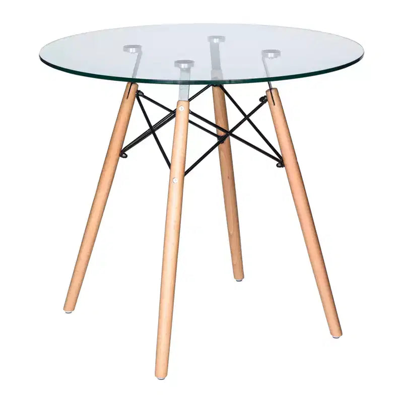 31-Inch Round Bistro Table - Mid-Century Modern Dining Table with Tempered Glass or MDF Wood Top and Natural Wood Eiffel Base