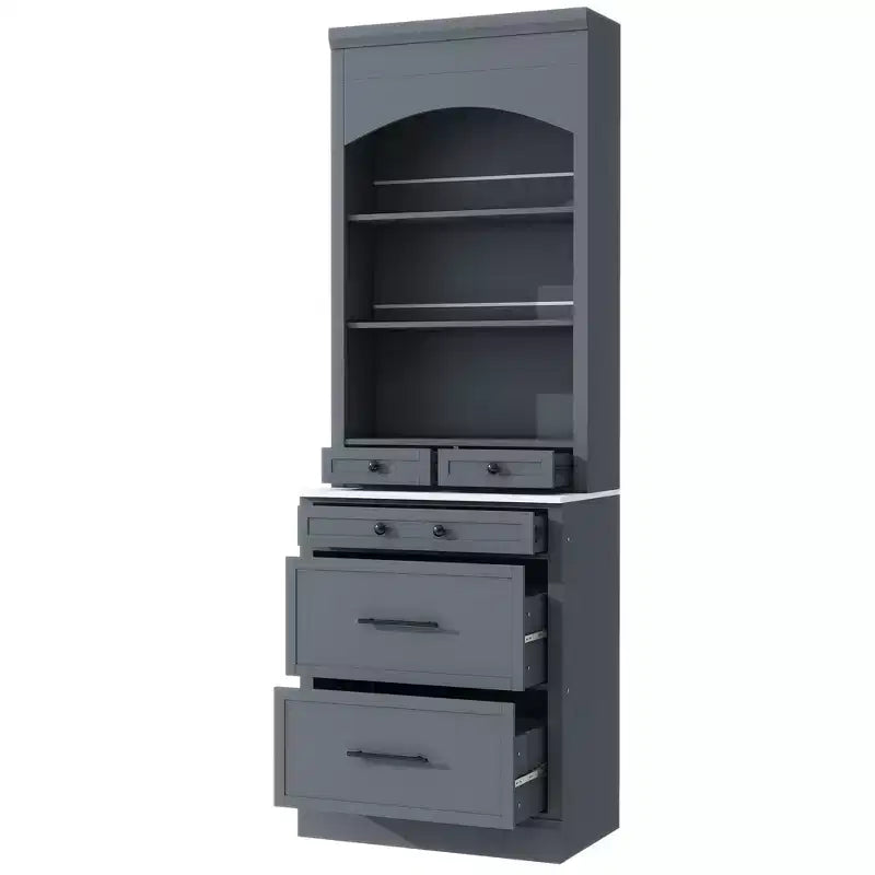 83.7H Kitchen Pantry, Freestanding Kitchen Hutch with Faux Marble Top, Cupboard Cabinet with 5 Drawers and Adjustable Shelf