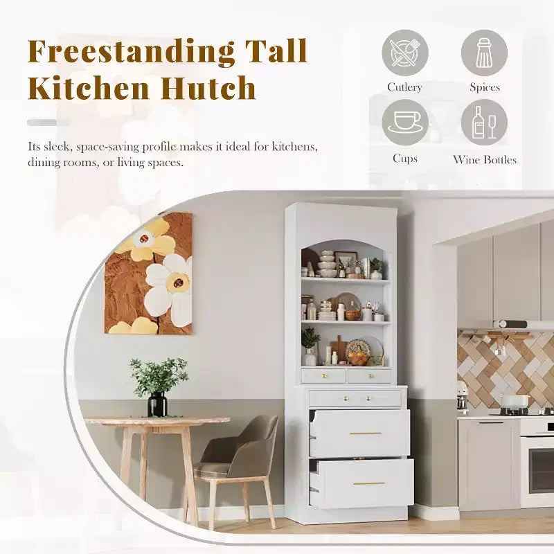 83.7H Kitchen Pantry, Freestanding Kitchen Hutch with Faux Marble Top, Cupboard Cabinet with 5 Drawers and Adjustable Shelf