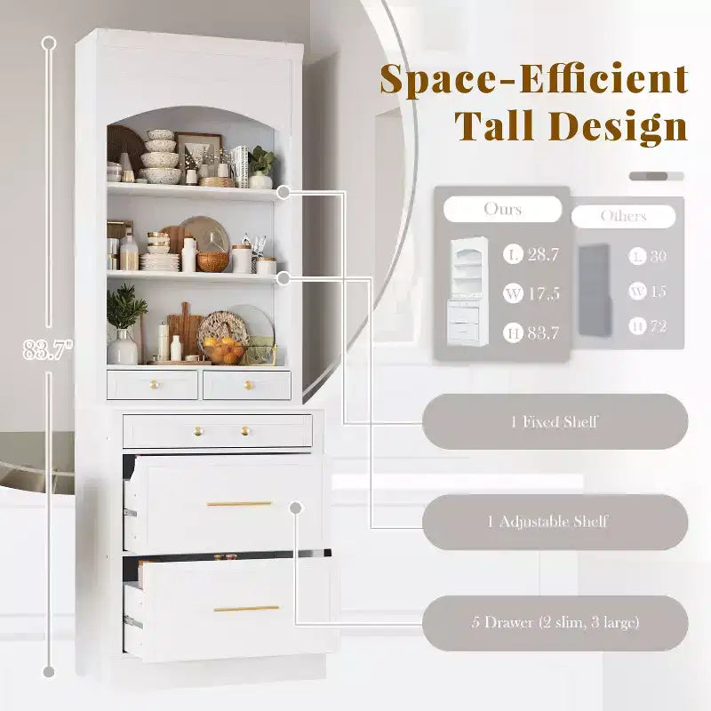 83.7H Kitchen Pantry, Freestanding Kitchen Hutch with Faux Marble Top, Cupboard Cabinet with 5 Drawers and Adjustable Shelf