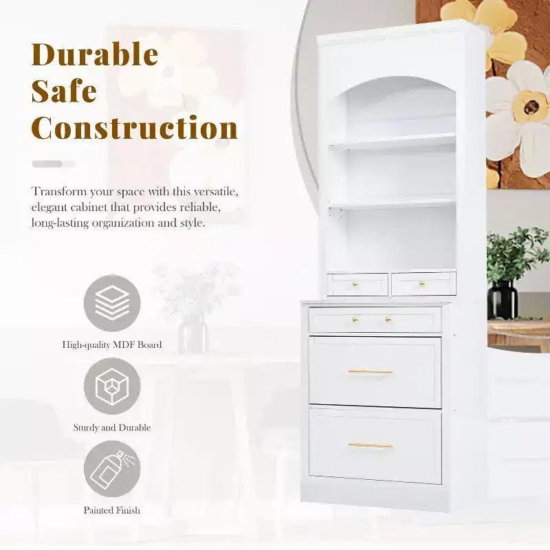 83.7H Kitchen Pantry, Freestanding Kitchen Hutch with Faux Marble Top, Cupboard Cabinet with 5 Drawers and Adjustable Shelf