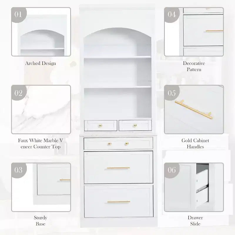 83.7H Kitchen Pantry, Freestanding Kitchen Hutch with Faux Marble Top, Cupboard Cabinet with 5 Drawers and Adjustable Shelf