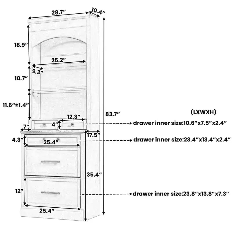 83.7H Kitchen Pantry, Freestanding Kitchen Hutch with Faux Marble Top, Cupboard Cabinet with 5 Drawers and Adjustable Shelf