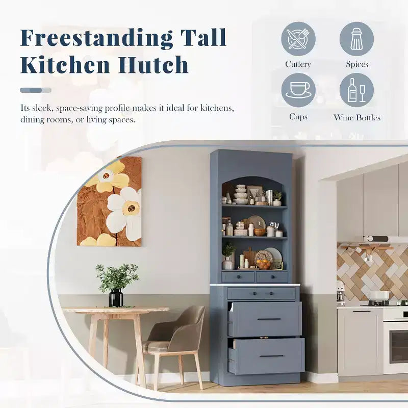 83.7H Kitchen Pantry, Freestanding Kitchen Hutch with Faux Marble Top, Cupboard Cabinet with 5 Drawers and Adjustable Shelf
