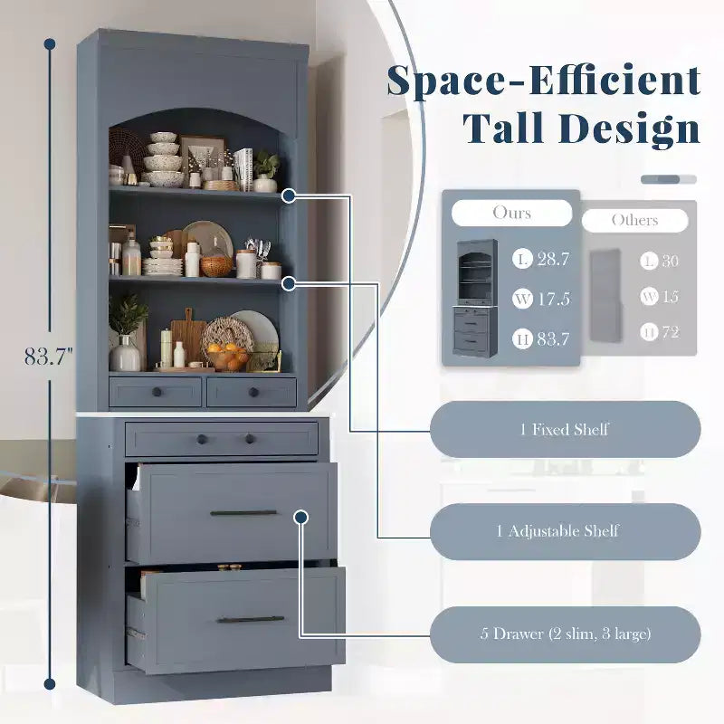 83.7H Kitchen Pantry, Freestanding Kitchen Hutch with Faux Marble Top, Cupboard Cabinet with 5 Drawers and Adjustable Shelf