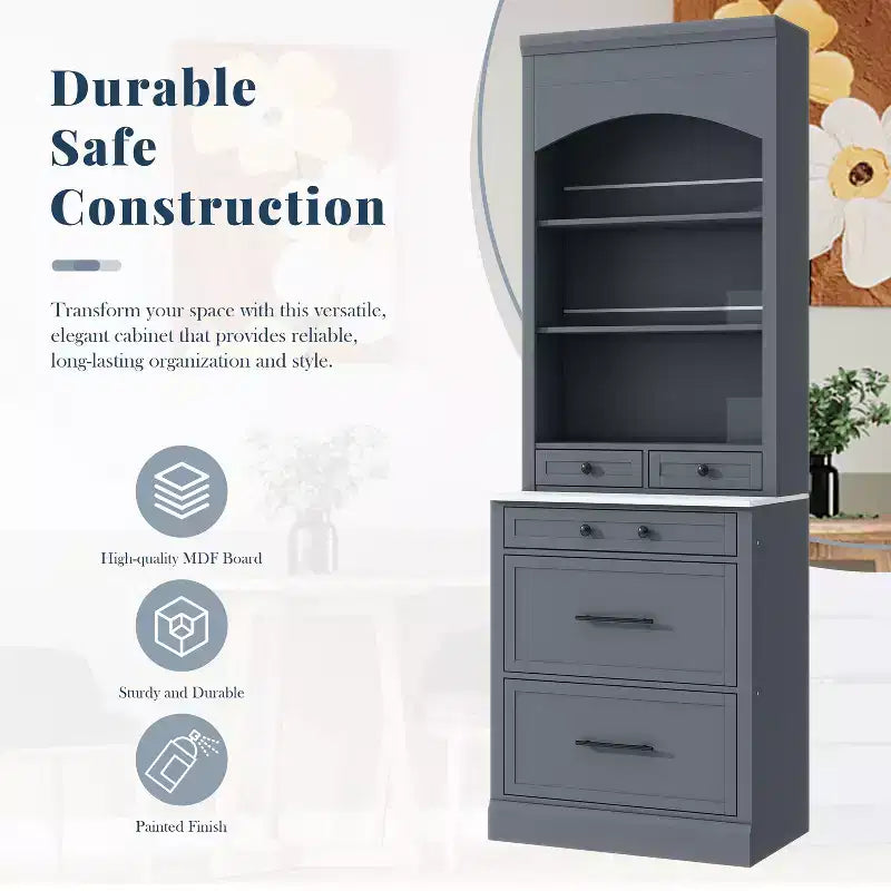 83.7H Kitchen Pantry, Freestanding Kitchen Hutch with Faux Marble Top, Cupboard Cabinet with 5 Drawers and Adjustable Shelf