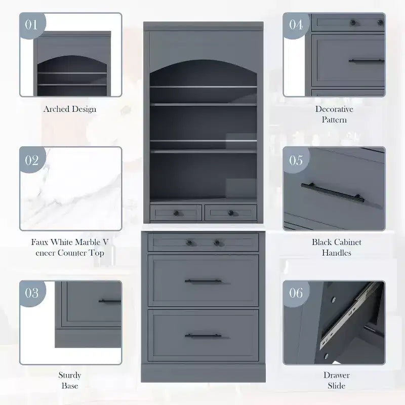 83.7H Kitchen Pantry, Freestanding Kitchen Hutch with Faux Marble Top, Cupboard Cabinet with 5 Drawers and Adjustable Shelf