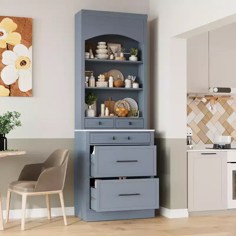 83.7H Kitchen Pantry, Freestanding Kitchen Hutch with Faux Marble Top, Cupboard Cabinet with 5 Drawers and Adjustable Shelf