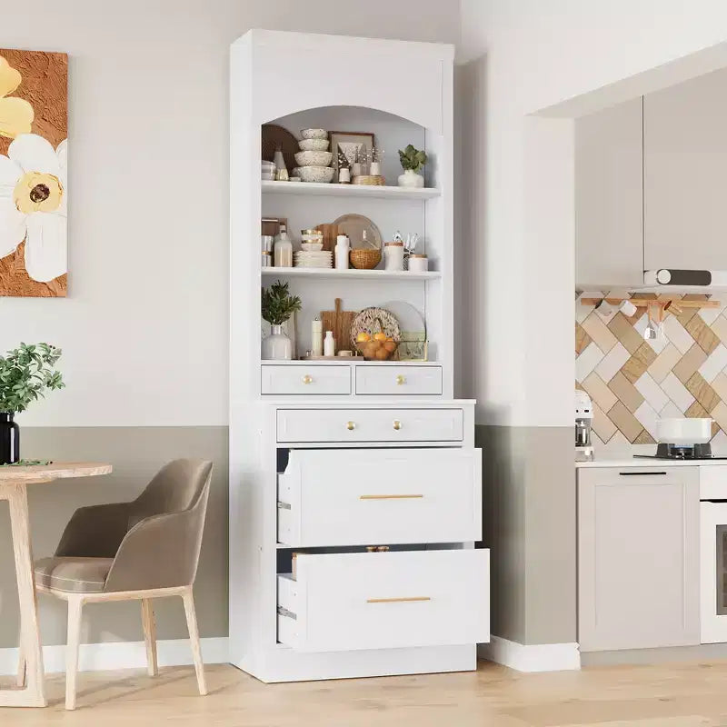 83.7H Kitchen Pantry, Freestanding Kitchen Hutch with Faux Marble Top, Cupboard Cabinet with 5 Drawers and Adjustable Shelf