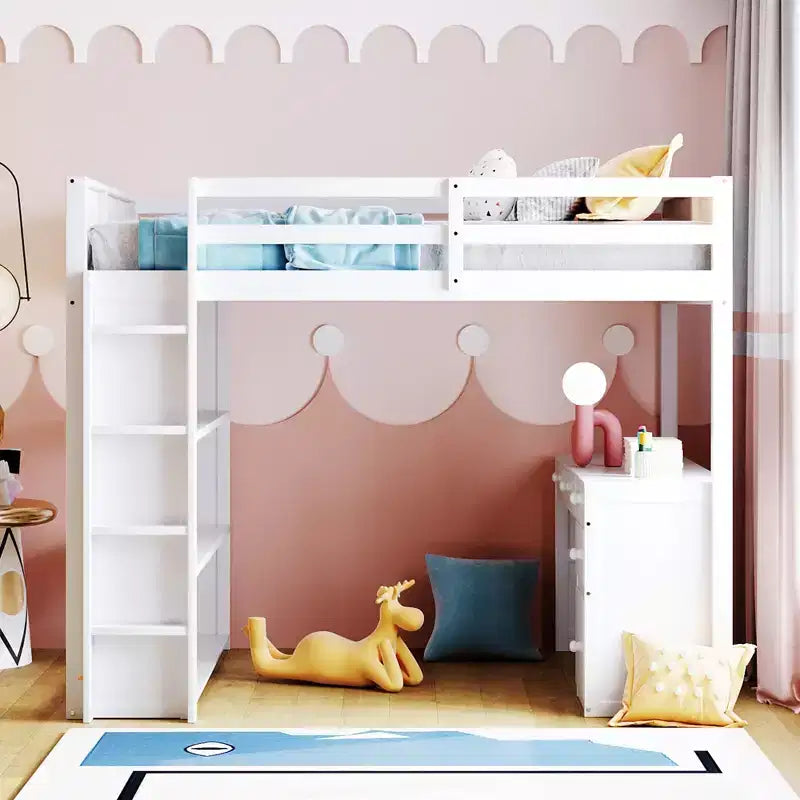 Twin/Full Size Loft Bed with Ladder, Shelves and Desk with Drawers