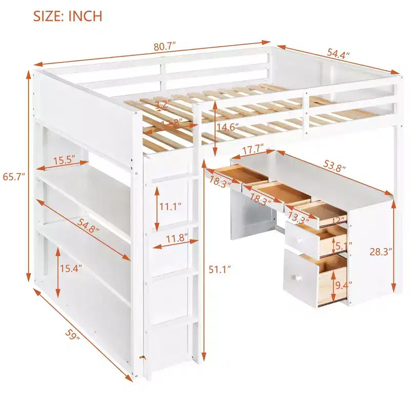 Twin/Full Size Loft Bed with Ladder, Shelves and Desk with Drawers