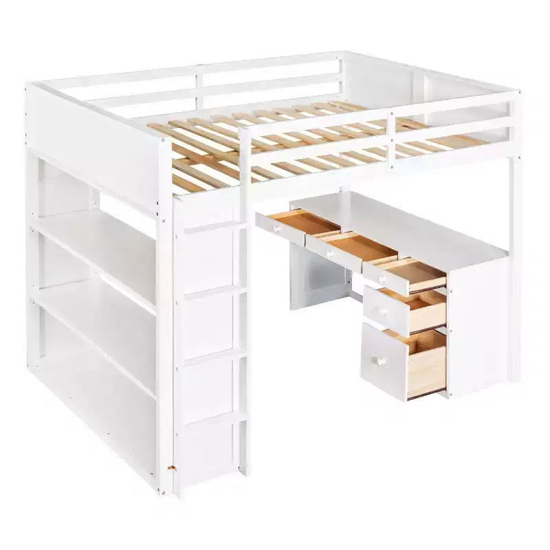 Twin/Full Size Loft Bed with Ladder, Shelves and Desk with Drawers