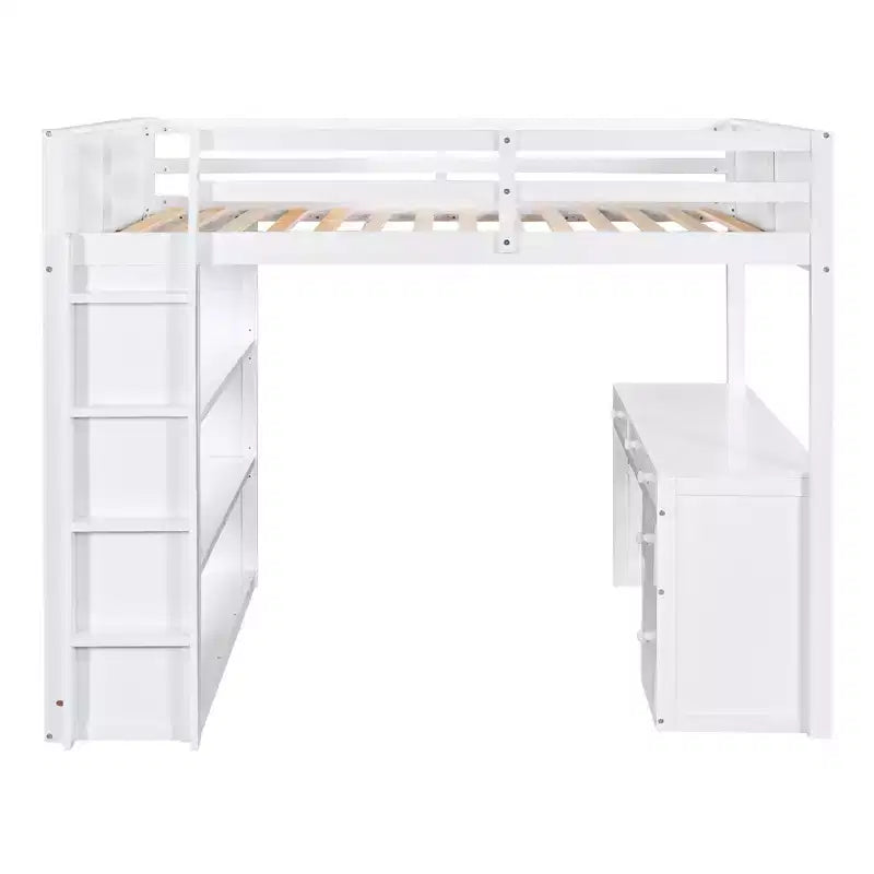 Twin/Full Size Loft Bed with Ladder, Shelves and Desk with Drawers