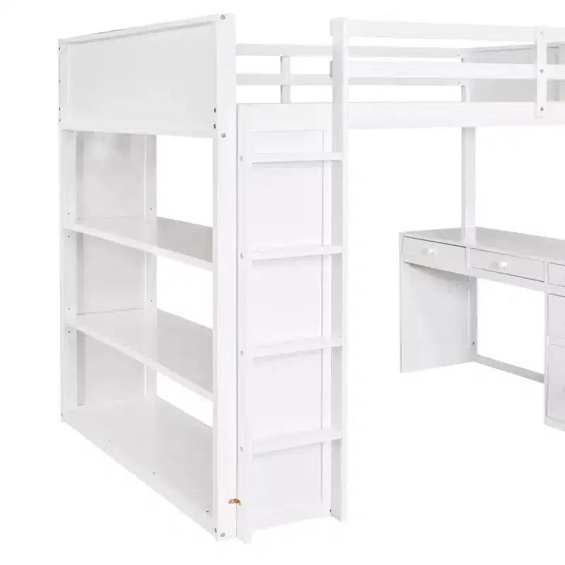 Twin/Full Size Loft Bed with Ladder, Shelves and Desk with Drawers