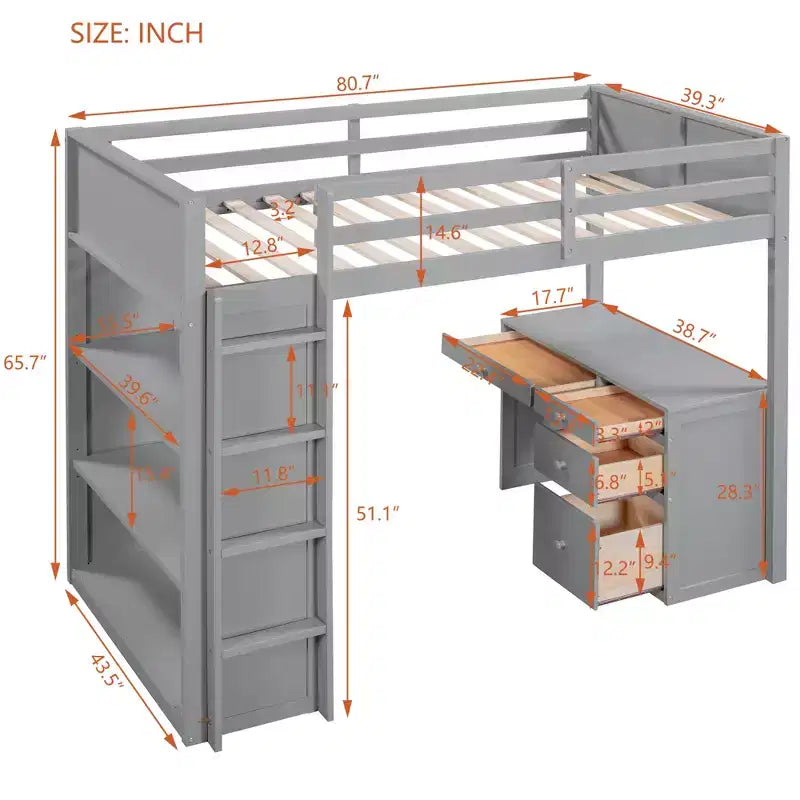 Twin/Full Size Loft Bed with Ladder, Shelves and Desk with Drawers