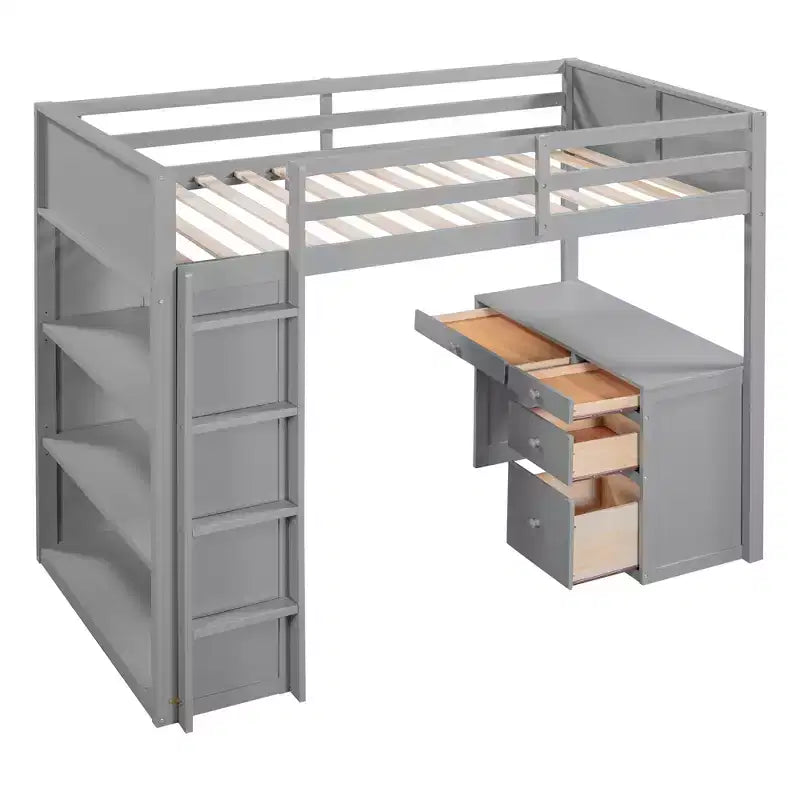 Twin/Full Size Loft Bed with Ladder, Shelves and Desk with Drawers