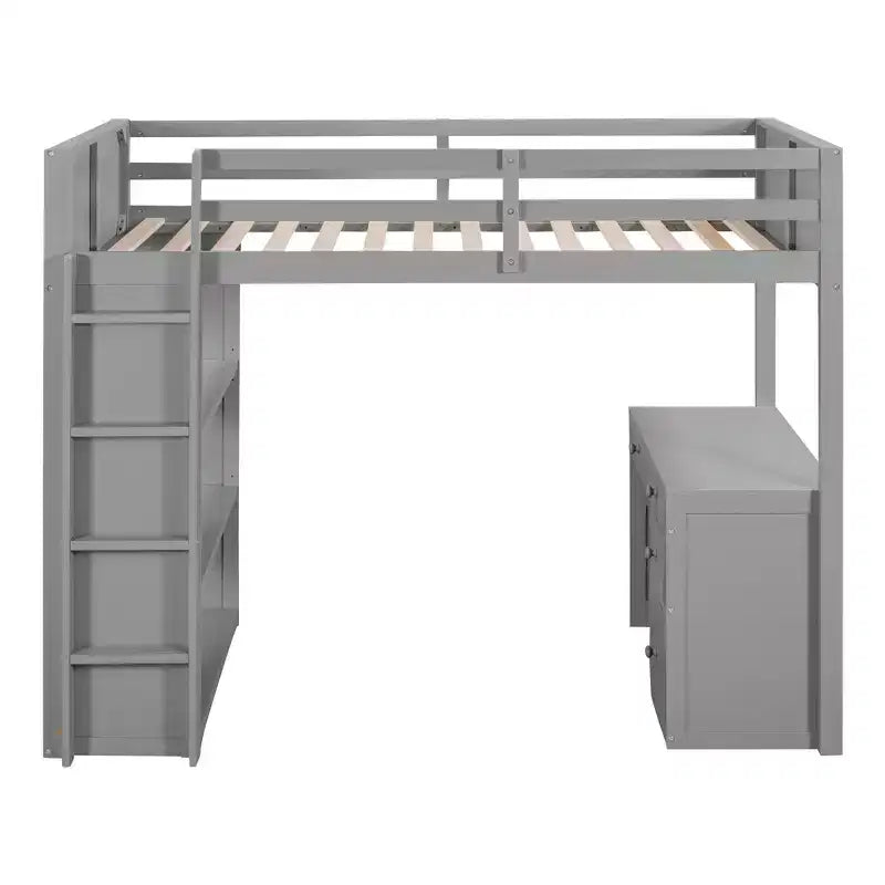 Twin/Full Size Loft Bed with Ladder, Shelves and Desk with Drawers