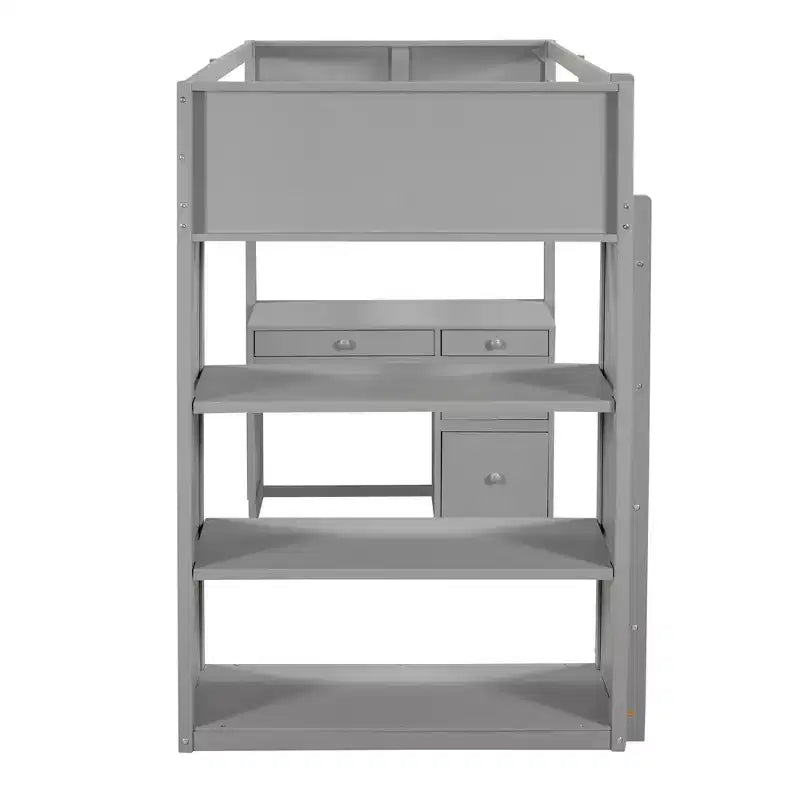 Twin/Full Size Loft Bed with Ladder, Shelves and Desk with Drawers