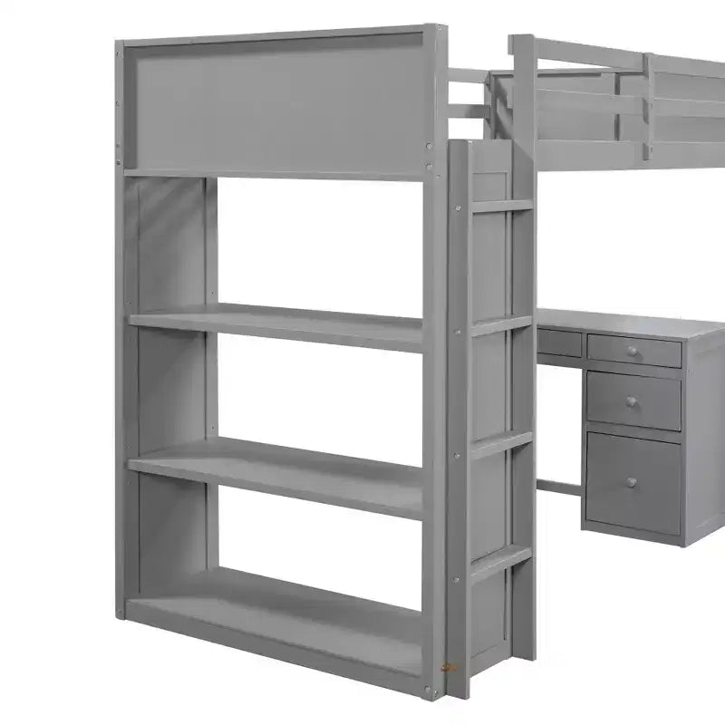 Twin/Full Size Loft Bed with Ladder, Shelves and Desk with Drawers