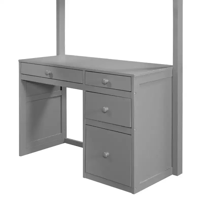 Twin/Full Size Loft Bed with Ladder, Shelves and Desk with Drawers