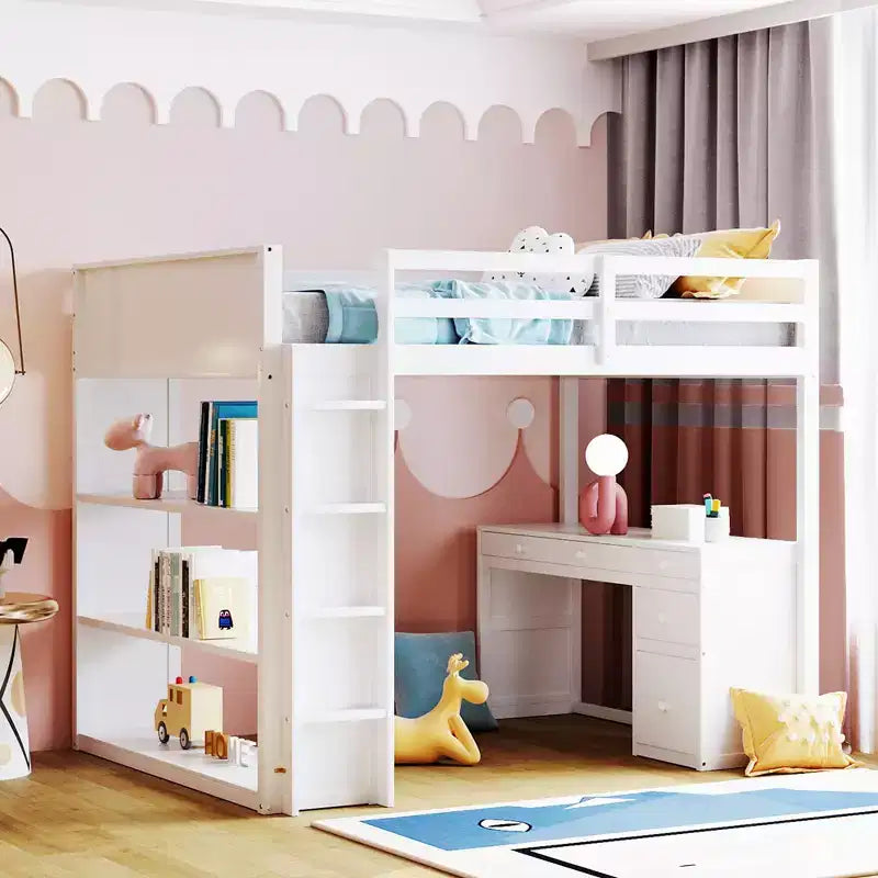 Twin/Full Size Loft Bed with Ladder, Shelves and Desk with Drawers