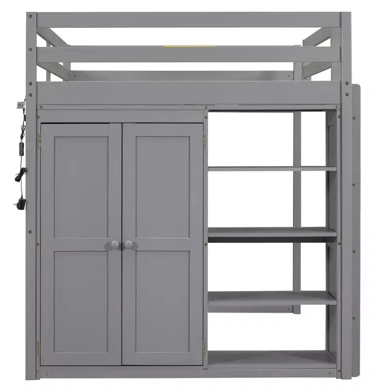 79.5''L 57.0''W Wood Full Size Loft Bed with Built-in Wardrobe, Storage Shelves and Led light