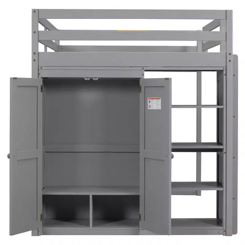 79.5''L 57.0''W Wood Full Size Loft Bed with Built-in Wardrobe, Storage Shelves and Led light