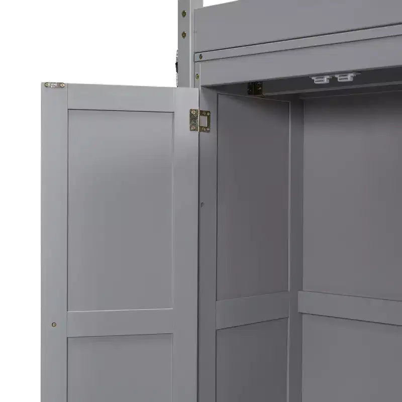 79.5''L 57.0''W Wood Full Size Loft Bed with Built-in Wardrobe, Storage Shelves and Led light