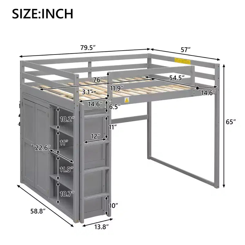 79.5''L 57.0''W Wood Full Size Loft Bed with Built-in Wardrobe, Storage Shelves and Led light