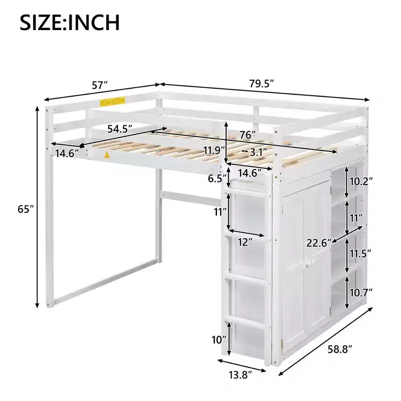 79.5''L 57.0''W Wood Full Size Loft Bed with Built-in Wardrobe, Storage Shelves and Led light
