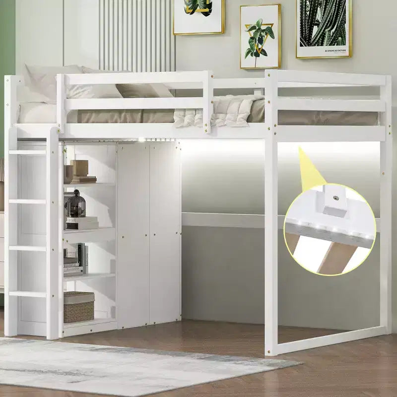 79.5''L 57.0''W Wood Full Size Loft Bed with Built-in Wardrobe, Storage Shelves and Led light